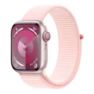 APPLE Watch Series 9 (GPS + Cellular, Alu) 41 mm - Smartwatch (Réglable en continu, Textile (neutre en carbone), Rosé/Rose clair)