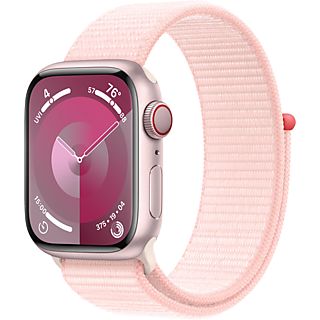 APPLE Watch Series 9 (GPS + Cellular, Alu) 41 mm - Smartwatch (Réglable en continu, Textile (neutre en carbone), Rosé/Rose clair)