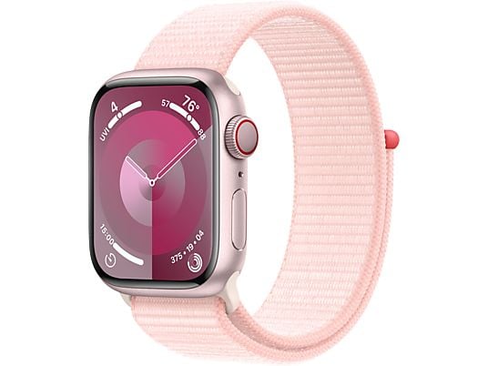 APPLE Watch Series 9 (GPS + Cellular, Alu) 41 mm - Smartwatch (Stufenlos verstellbar, Textil (Carbon Neutral), Rosé/Hellrosa)