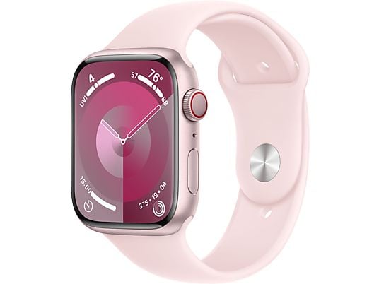 APPLE Watch Series 9 (GPS + Cellular, Alu) 45 mm - Smartwatch (M/L 160-210 mm, Fluoroélastomère, Rosé/Rose Clair)