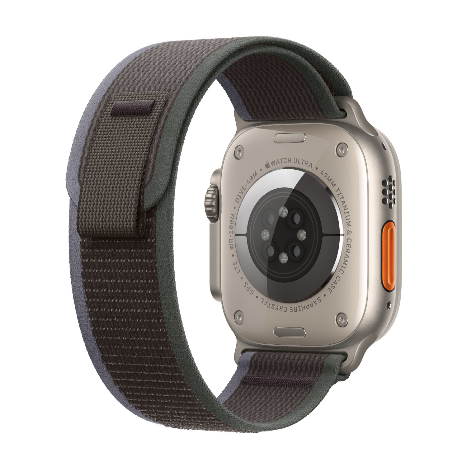 Een Apple Watch Ultra met een grijze en donkergrijze band, de achterkant met sensoren en knoppen tonend.