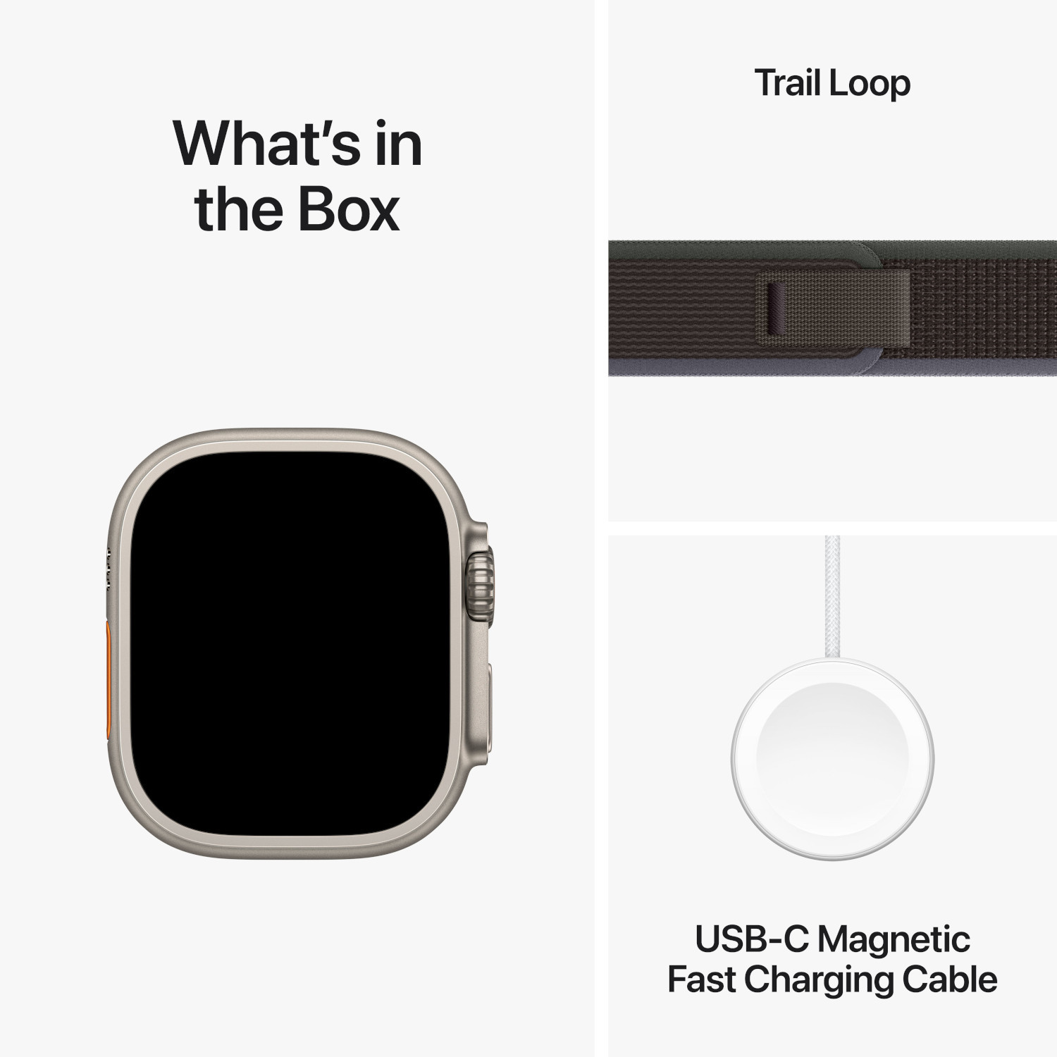Wat zit er in de doos: Apple Watch, trail loop band en USB-C magnetische snellaadkabel.