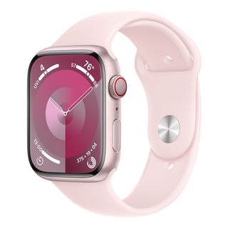 APPLE Watch Series 9 (GPS + Cellular, alluminio) 45 mm - Smartwatch (S/M 140-190 mm, Fluoroelastomero, Rosé/rosa chiaro)