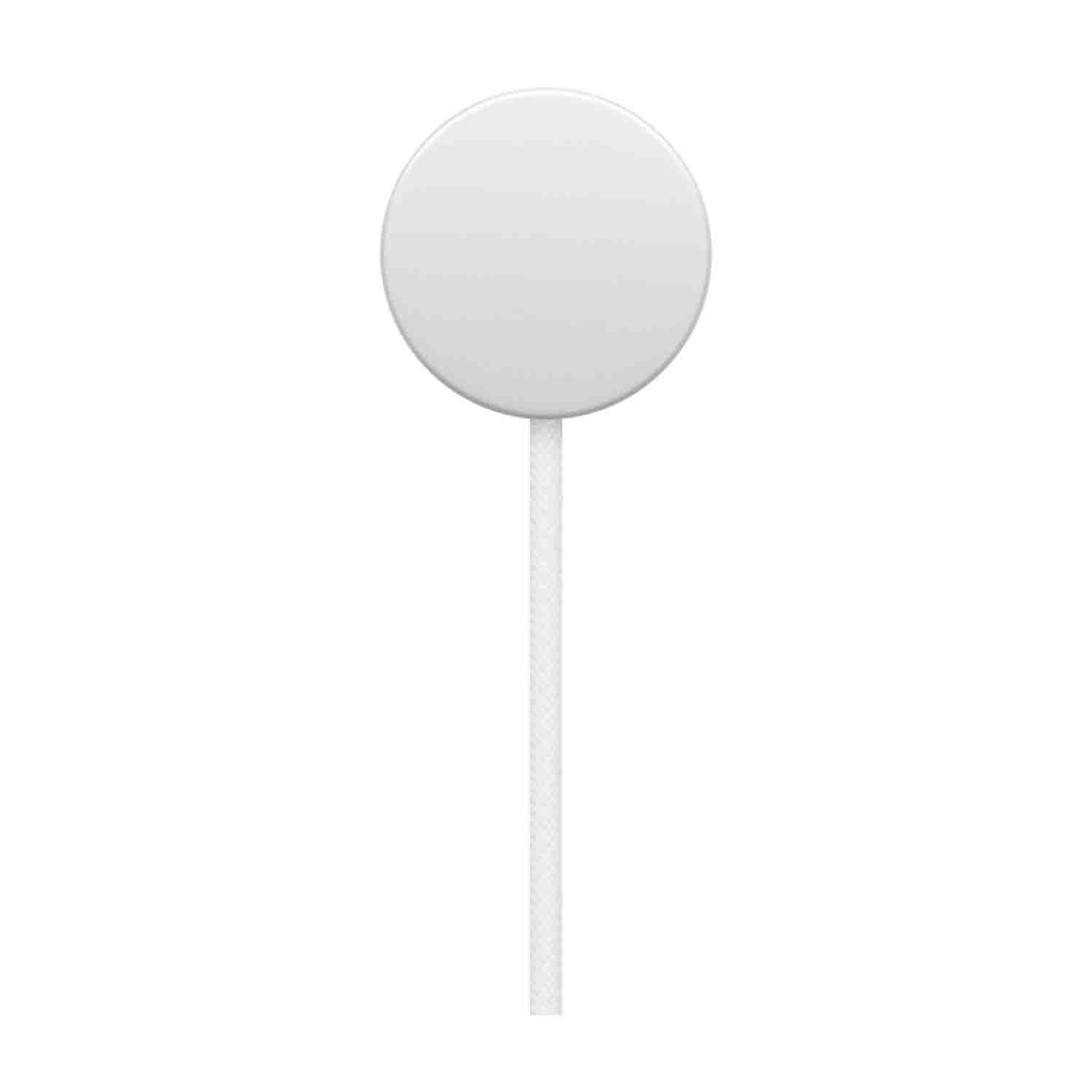 Disco di ricarica Apple Watch bianco con un cavo bianco collegato.