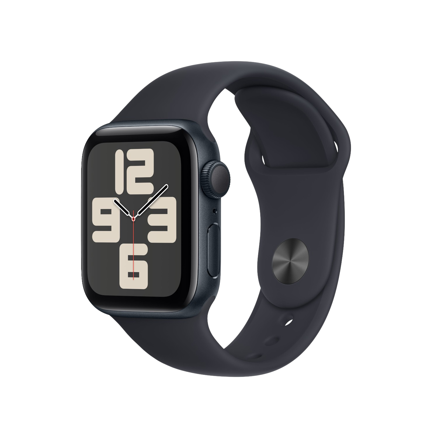 Donkerblauwe Apple Watch met zwart scherm dat de tijd toont. Zwarte band.