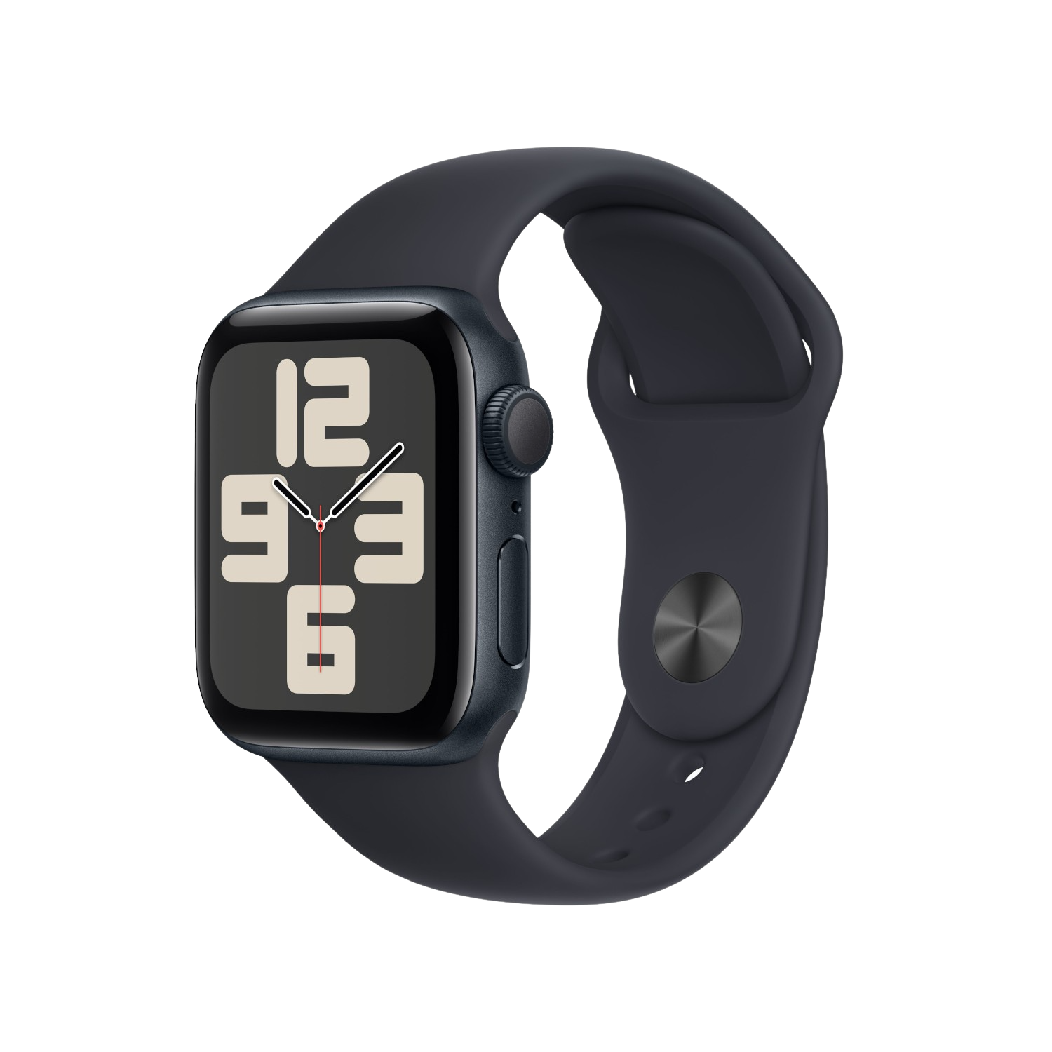 Apple Watch, bleu foncé, affichant l'heure 12:36. Bracelet noir. Fond noir.