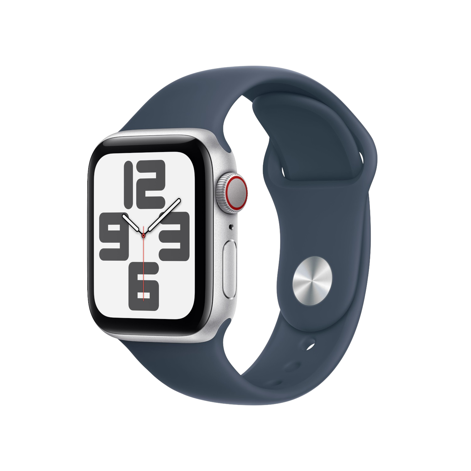 APPLE Watch SE GPS + Cellular 40 mm Boîtier aluminium Silver, Bracelet Sport Band Storm Blue - S/M (MRGJ3QF/A)