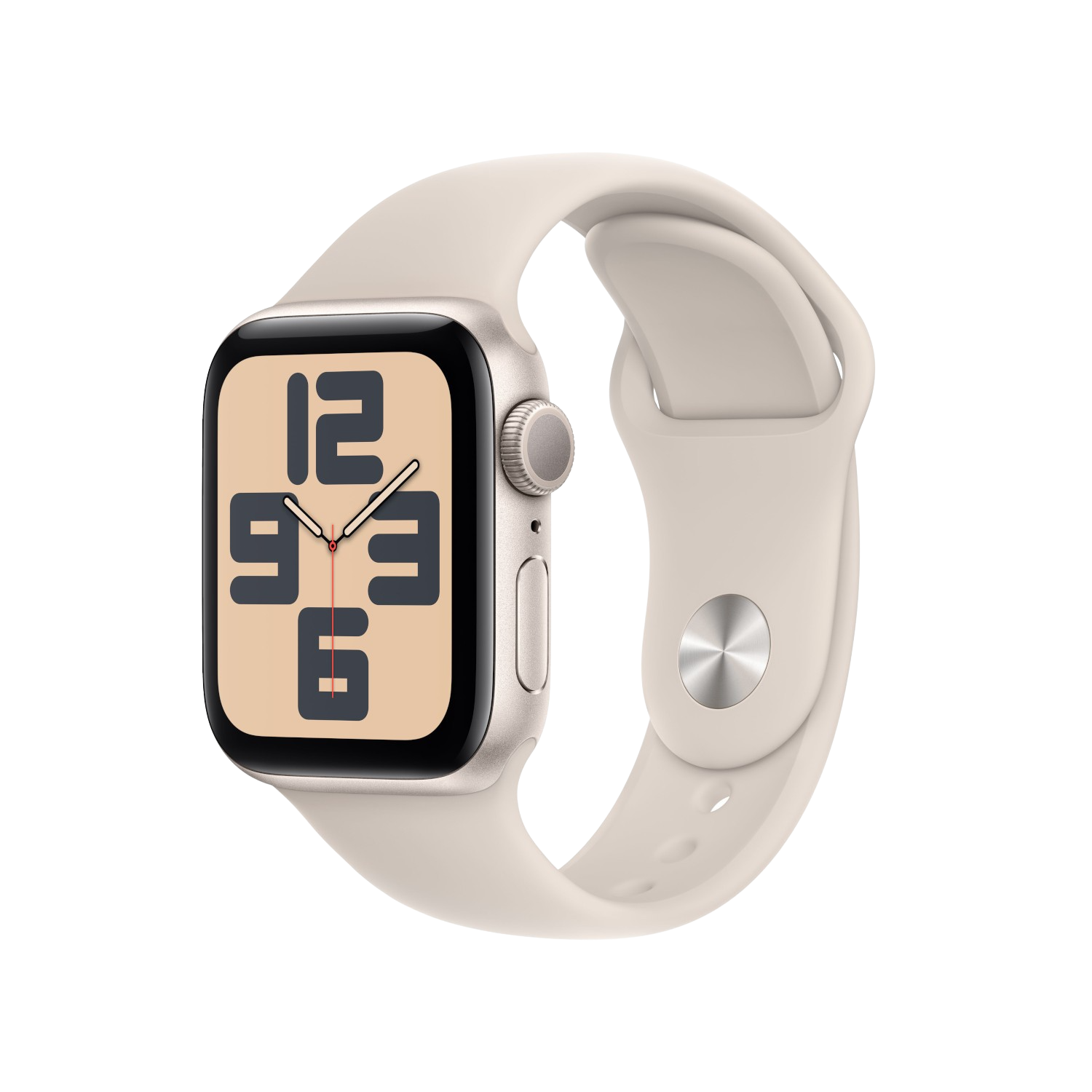 Apple Watch avec bracelet crème et l'heure affichée sur l'écran.