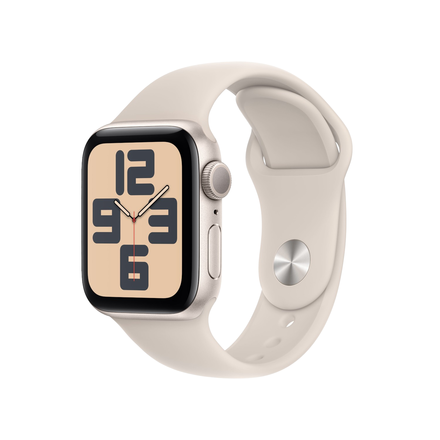 Zilveren Apple Watch met een beige band, toont de tijd. Zwarte achtergrond.