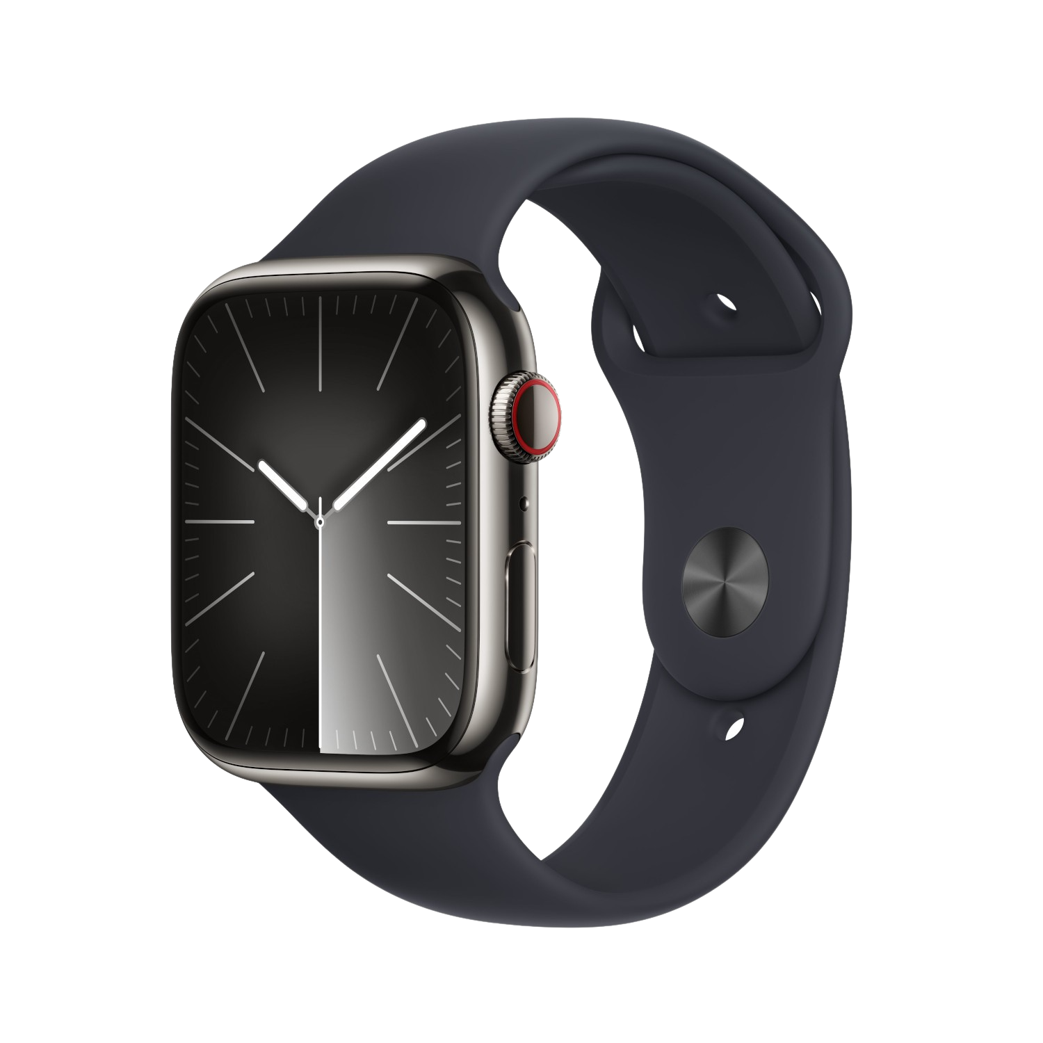 APPLE Watch Series 9 GPS + Cellular 45 mm Boîtier Stainless Steel Graphite, Bracelet Sport Band Midnight - S/M (MRMV3QF/A)