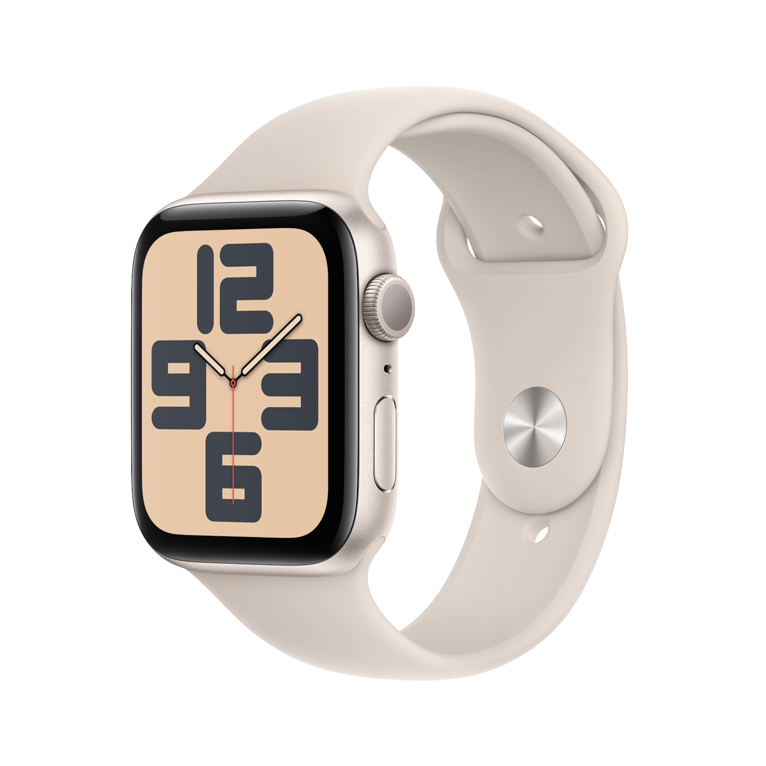 Apple Watch argentée avec bracelet beige clair.