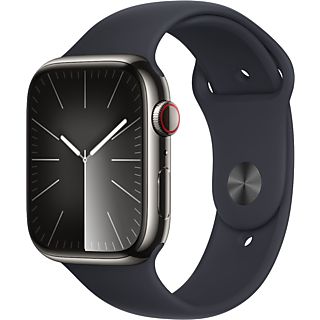 APPLE Watch Series 9 GPS + Cellular 45 mm Graphite Stainless Steel kast, Midnight Sport Band - M/L (MRMW3QF/A)
