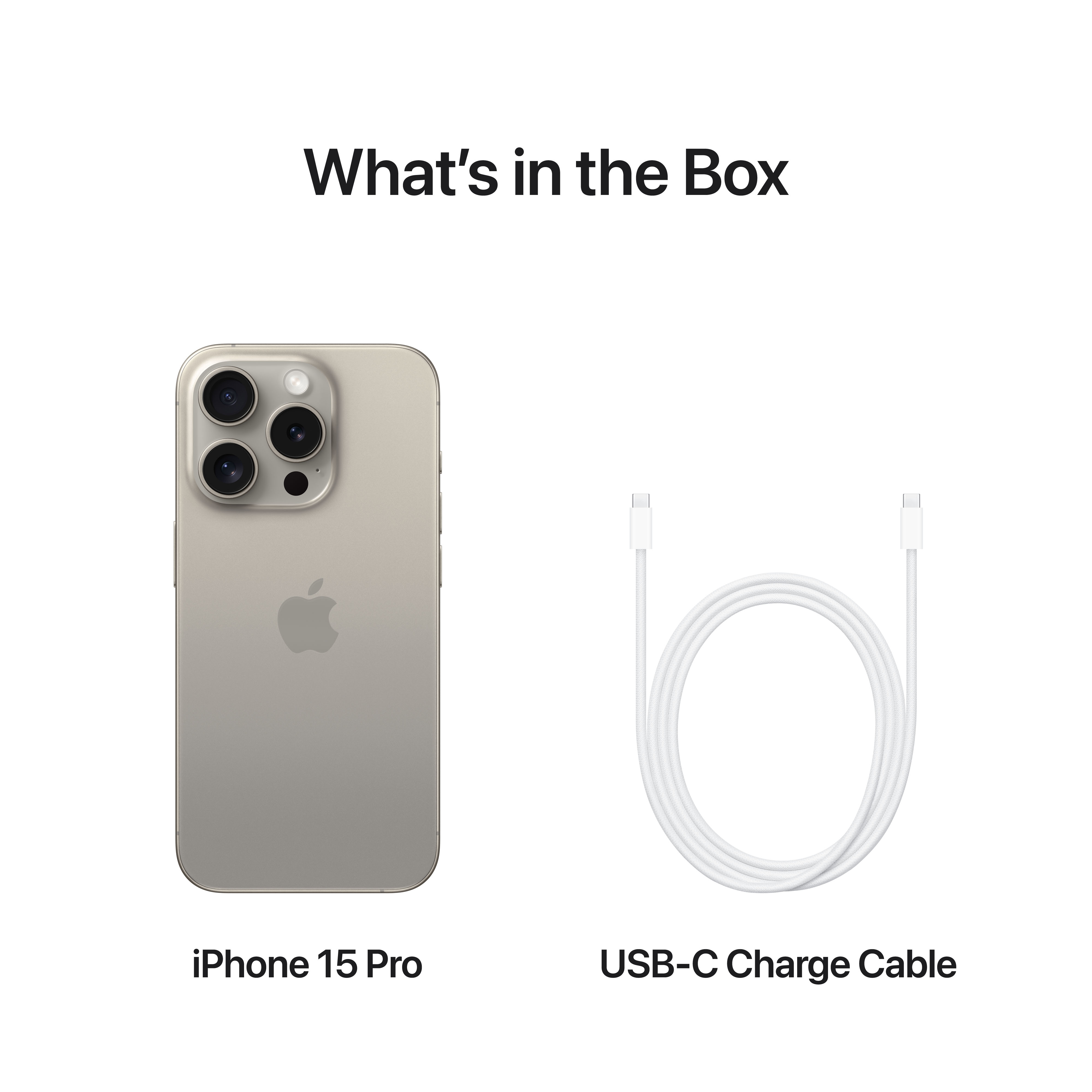 iPhone 15 Pro und Ladekabel. Text lautet 'Was ist in der Box'.