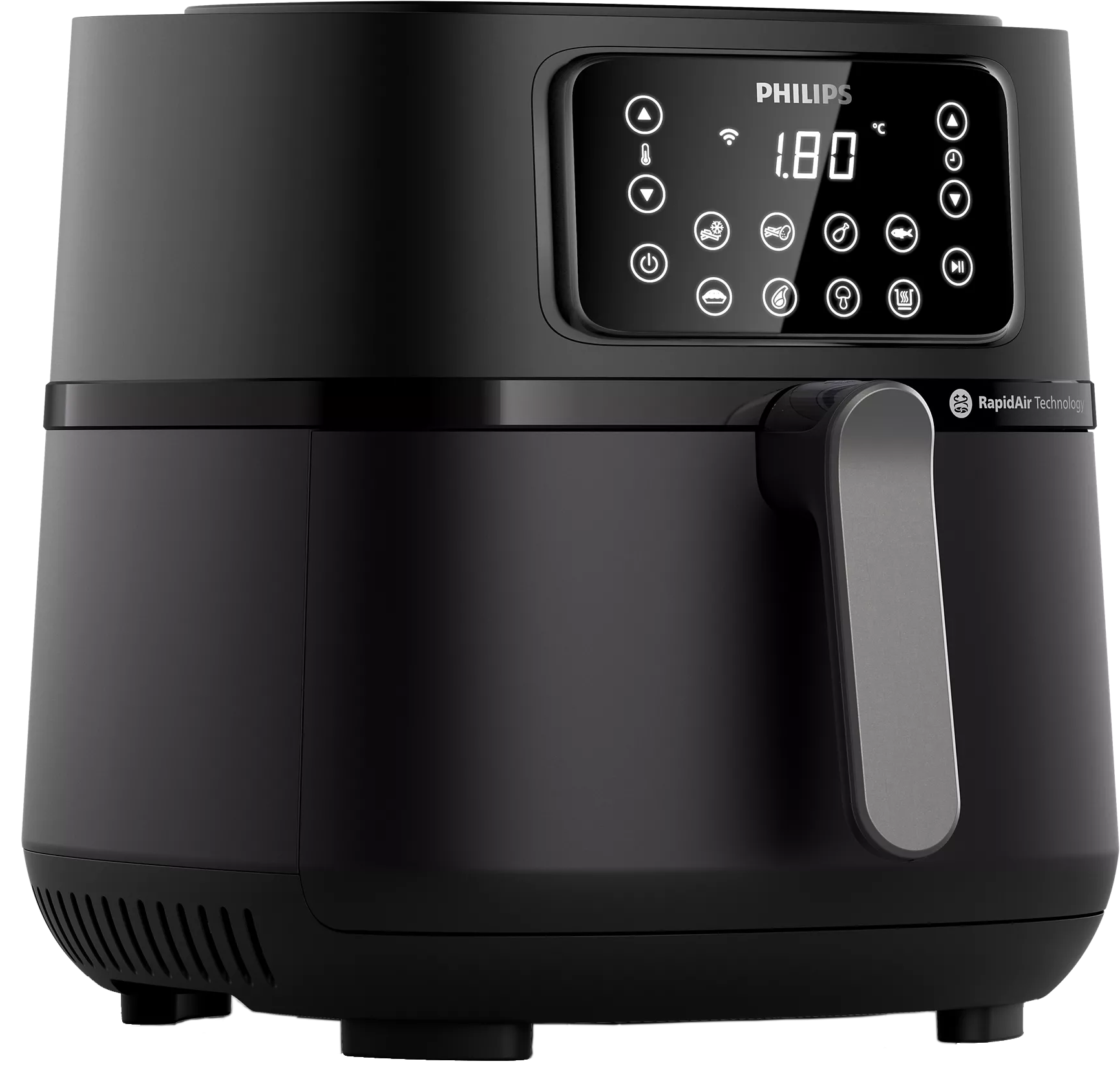 Fekete Philips Airfryer digitális kijelzővel és vezérlőpanellel.