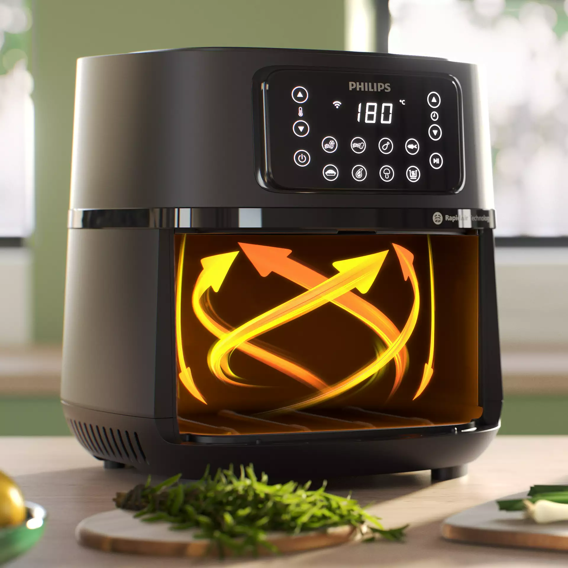 Philips Airfryer digitális kijelzővel. Nyilak jelzik a légáramlást.