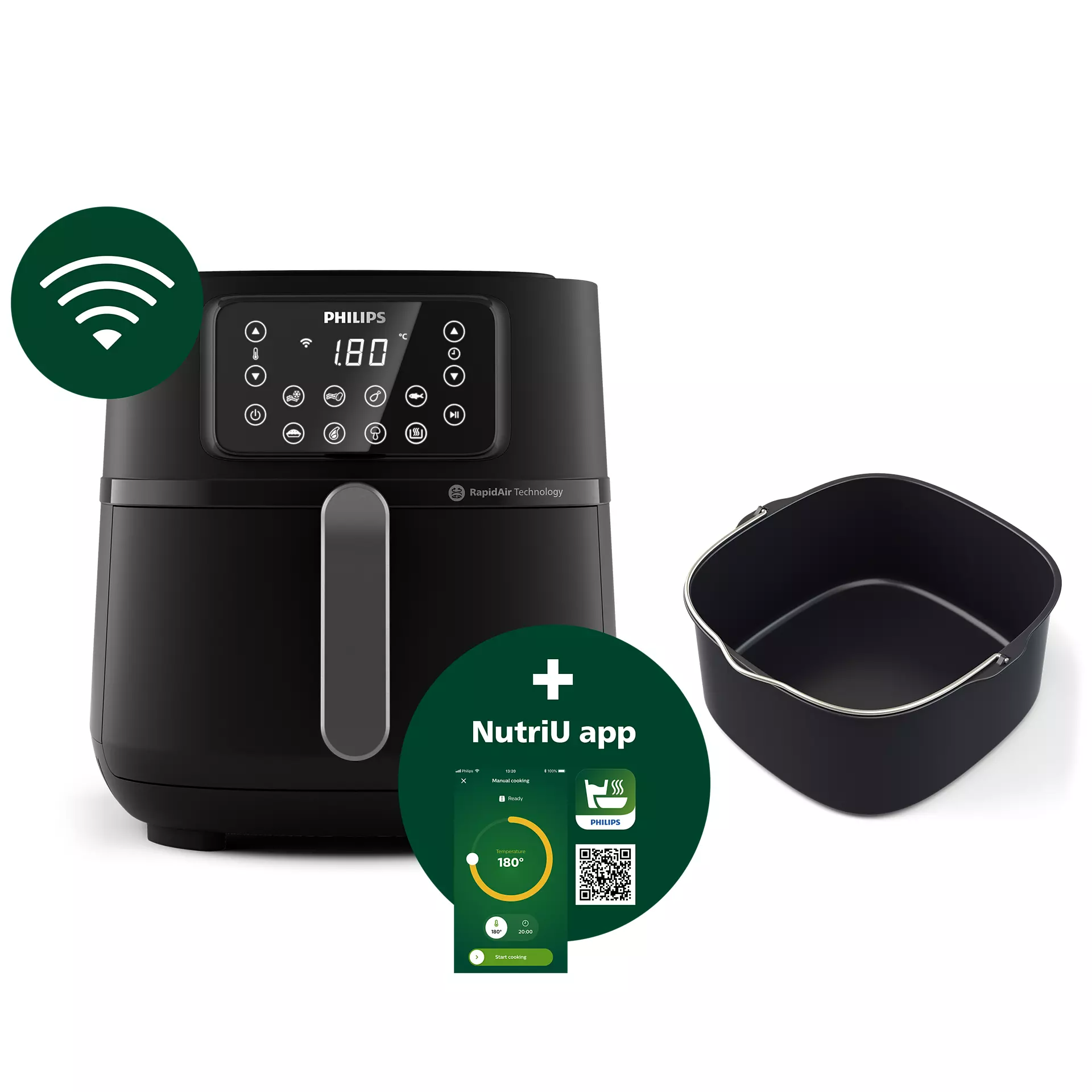 Egy fekete légkeveréses sütő tálcával, vezeték nélküli ikonnal és NutriU app ikonnal.