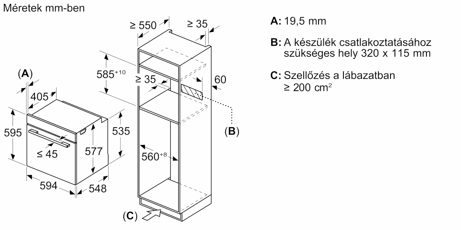 Beépített sütő műszaki rajza, milliméteres méretekkel és jelölésekkel.