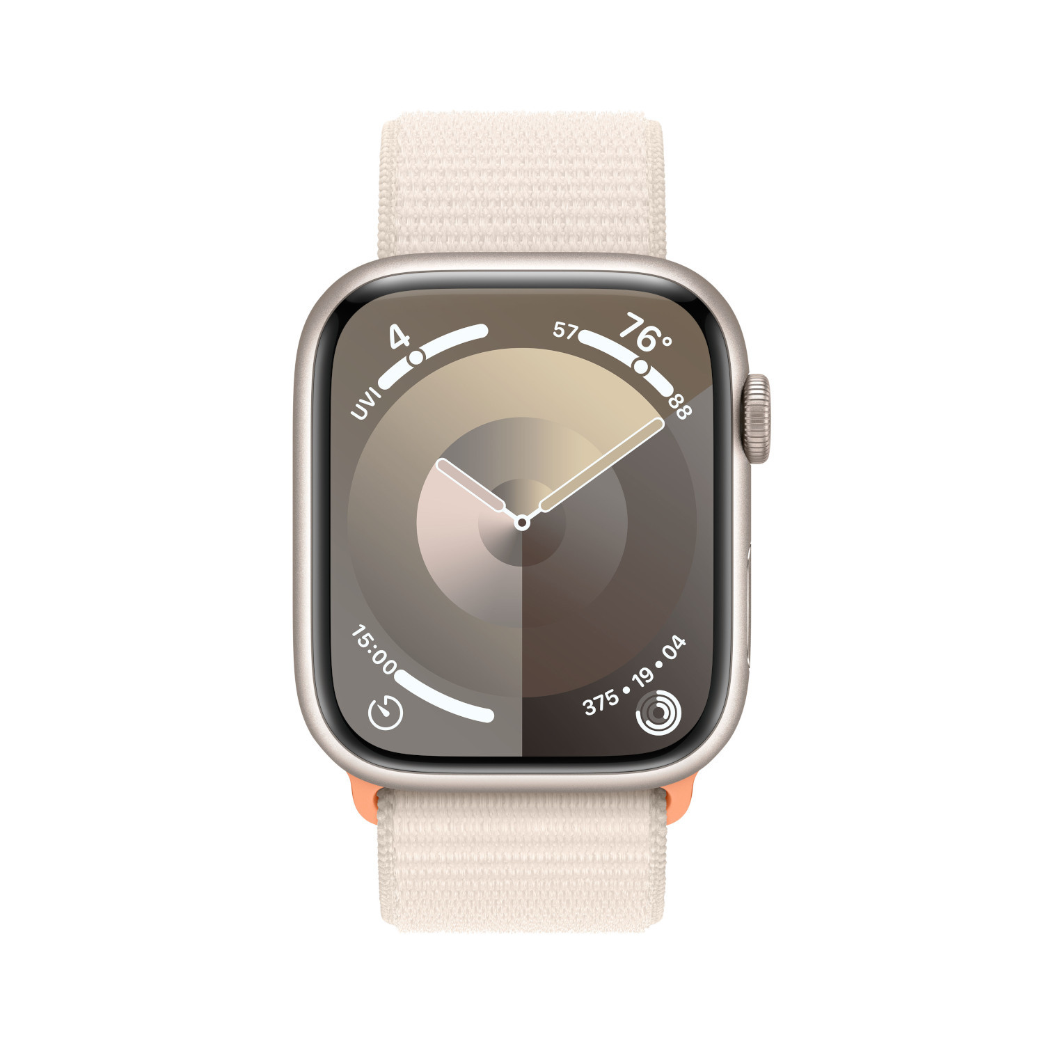 Apple Watch avec bracelet beige clair. Le cadran affiche UVI, l'heure et d'autres informations de santé.