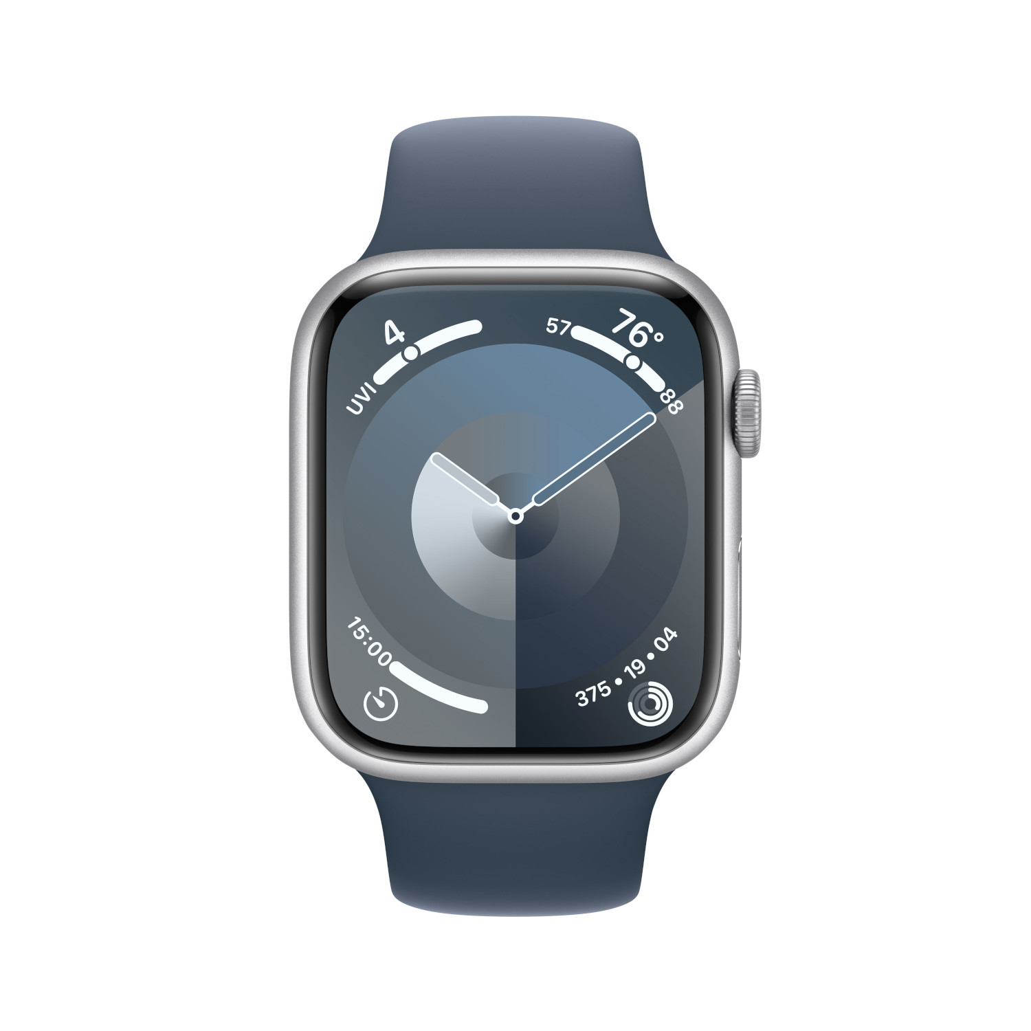 Apple Watch avec bracelet bleu, affichant l'heure et d'autres mesures.