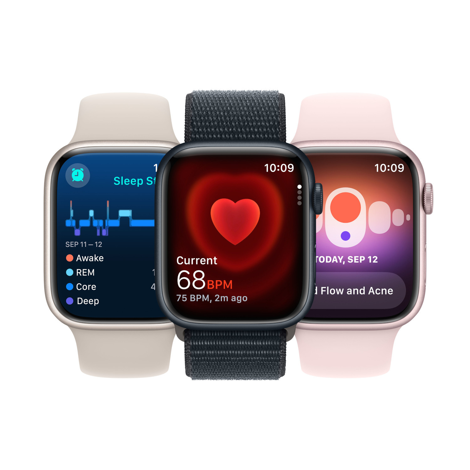 Trois Apple Watch affichant des données de santé. Différentes couleurs de bracelets.