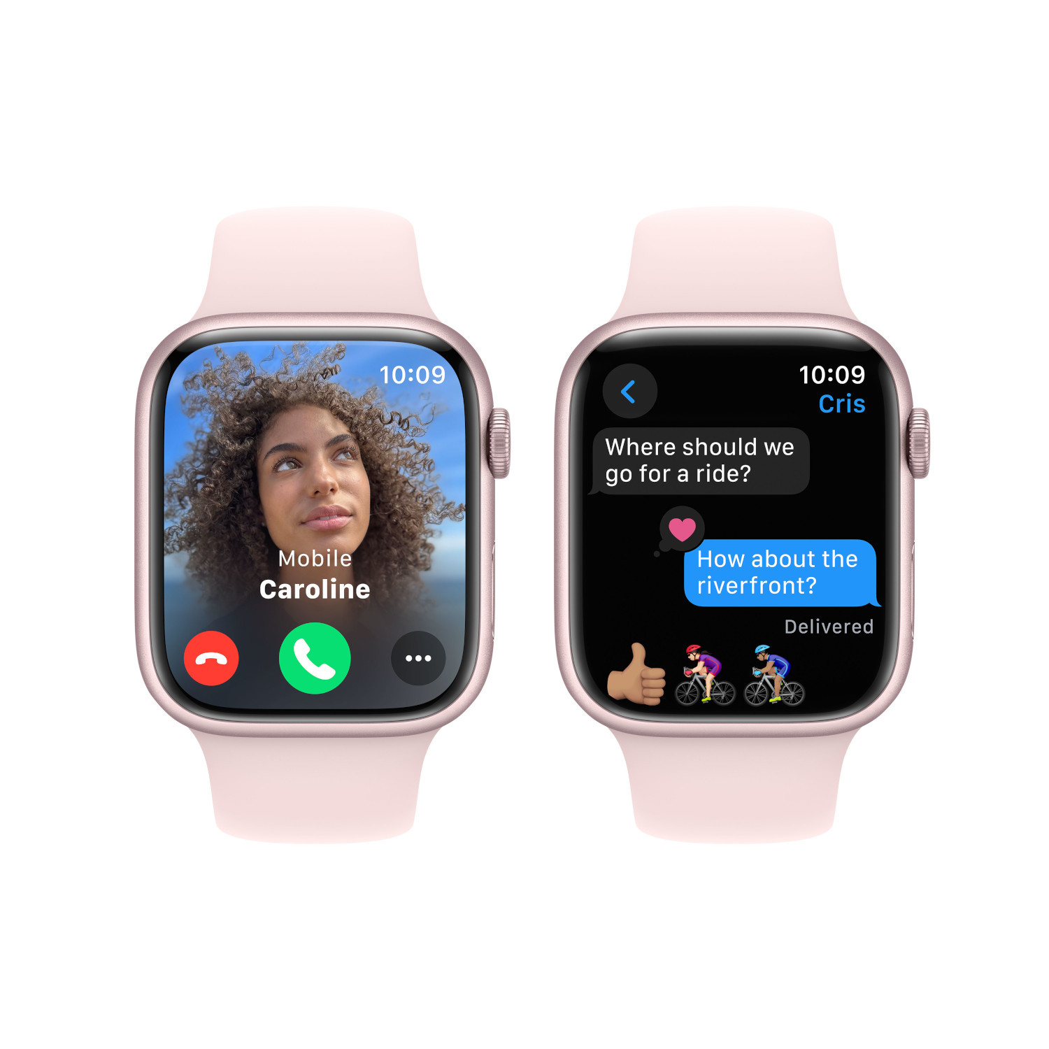 Twee smartwatches tonen een oproep en een tekstgesprek met fietsemoticons.