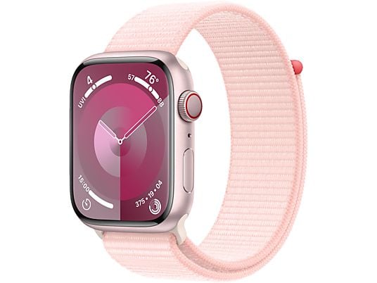 APPLE Watch Series 9 (GPS + Cellular, Alu) 45 mm - Smartwatch (Réglable en continu, Textile (Carbon Neutral), Rosé/Rose Clair)