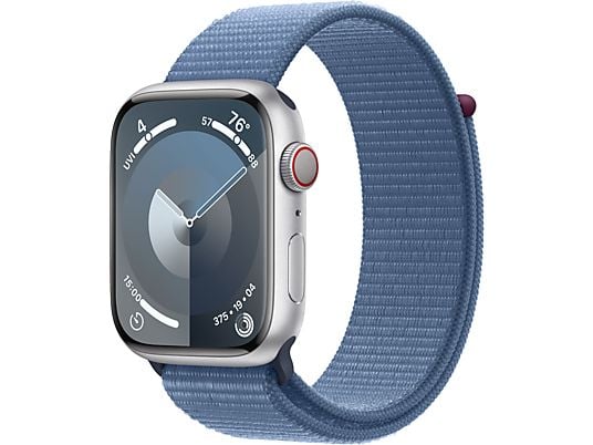 APPLE Watch Series 9 (GPS + Cellular, Alu) 45 mm - Smartwatch (Stufenlos verstellbar, Textil (Carbon Neutral), Silber/Winterblau)