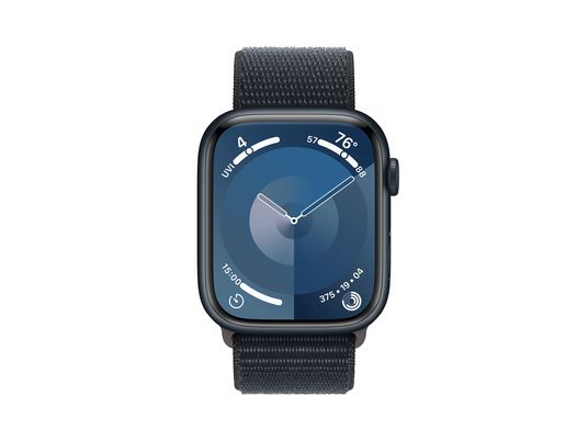 APPLE Watch Series 9 (GPS + cellulare, alluminio) 45 mm - Smartwatch (regolabile in continuo, tessuto (carbon neutral), mezzanotte/mezzanotte)