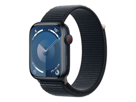APPLE Watch Series 9 (GPS + Cellular, Alu) 45 mm - Smartwatch (Stufenlos verstellbar, Textil (Carbon Neutral), Mitternacht/Mitternacht)
