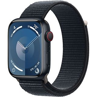 APPLE Watch Series 9 (GPS + Cellular, Alu) 45 mm - Smartwatch (Réglable en continu, Textile (Carbon Neutral), Minuit/Minuit)