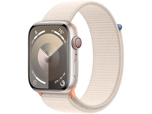 APPLE Watch Series 9 (GPS + Cellular, Alu) 45 mm - Smartwatch (Stufenlos verstellbar, Textil (Carbon Neutral), Polarstern/Polarstern)