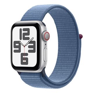 APPLE Watch SE (GPS + Cellular) 44 mm - Smartwatch (Réglable en continu, Textile (neutre en carbone), Silver/Winter Blue)