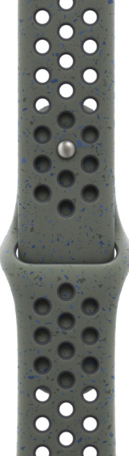 Graues Apple Watch-Armband mit blauen Sprenkeln. Löcher zur Anpassung. Silberner Verschluss.