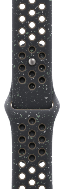 Ein dunkelgraues Apple Watch Armband mit gesprenkeltem Design. Es hat Löcher und einen Metallstift.