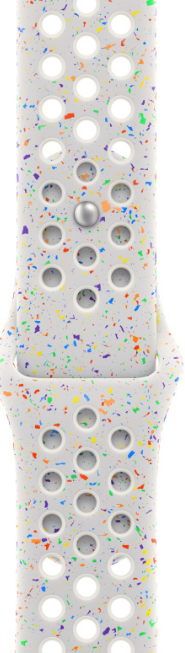 Weißes Apple Watch-Armband mit Löchern und bunten Sprenkeln.