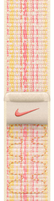 Ein Nike-Armband mit pinkfarbenem Swoosh-Logo. Das Band hat ein rosa-gelbes Muster.
