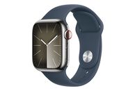 APPLE Watch Series 9 (GPS + Cellular, acier inoxydable) 41 mm - Smartwatch (M/L 150-200 mm, Fluorélastomère, Silver/Storm Blue)