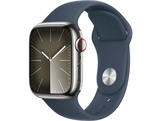 APPLE Watch Series 9 (GPS + Cellular, acciaio inossidabile) 41 mm - Smartwatch (M/L 150-200 mm, Fluoroelastomero, Argento/blu tempesta)