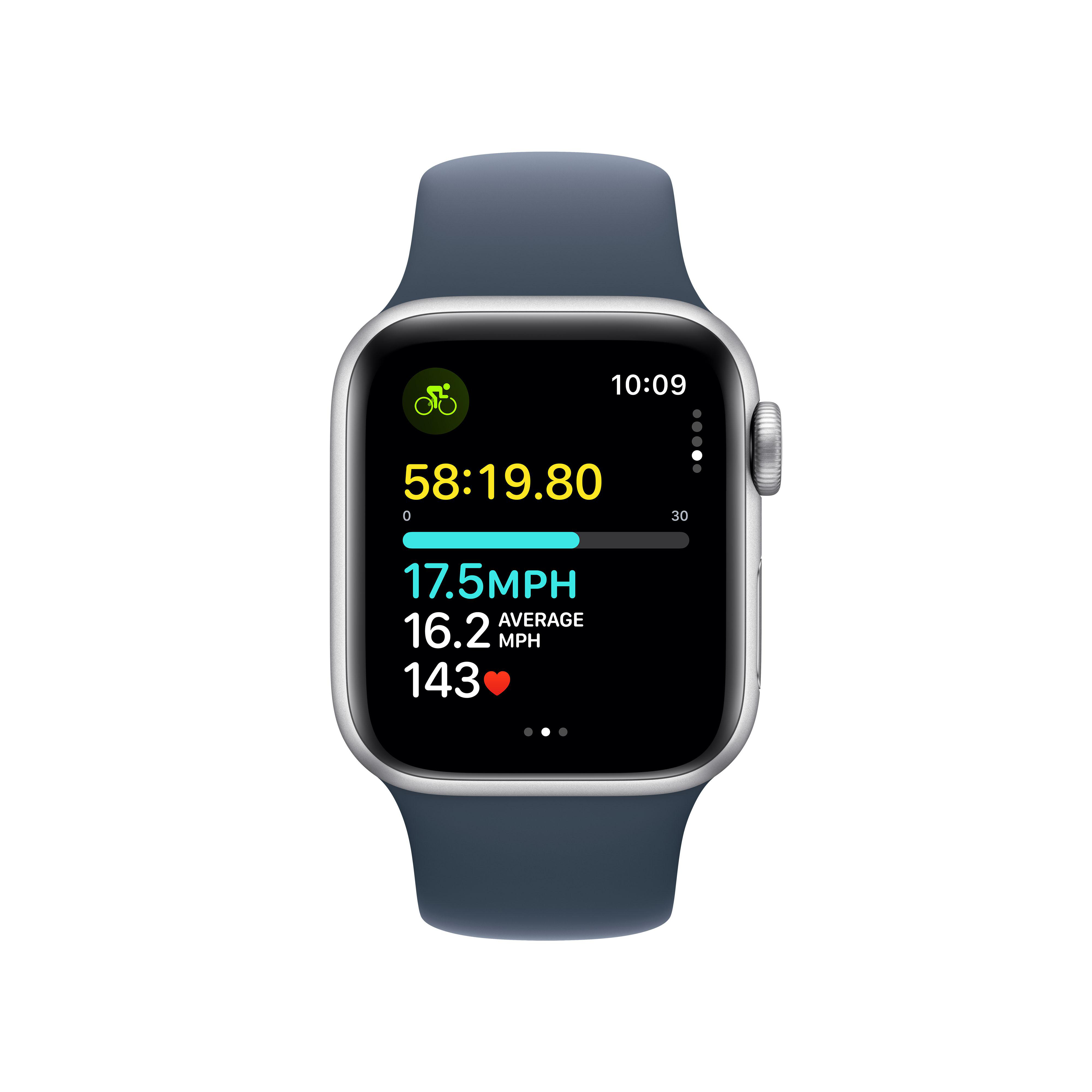 Apple Watch Bildschirm mit Radfahrstatistiken: Zeit, Geschwindigkeit, Herzfrequenz und Distanz.