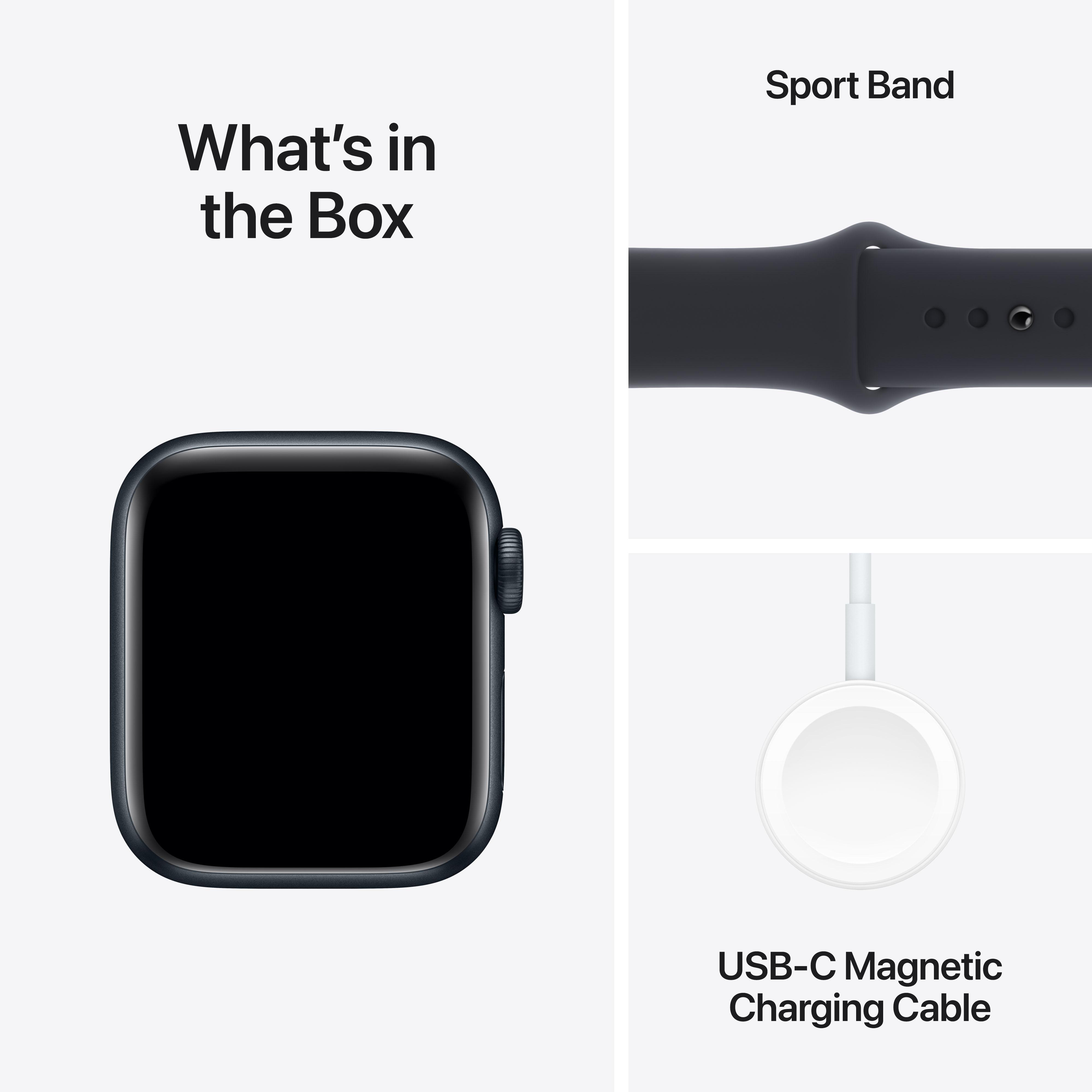 Apple Watch in einer Box, mit Sportarmband und Ladekabel auf weißem Hintergrund.