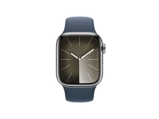 APPLE Watch Series 9 (GPS + cellulare, acciaio inossidabile) 41 mm - Smartwatch (S/M 130-180 mm, fluoroelastomero, argento/blu tempesta)
