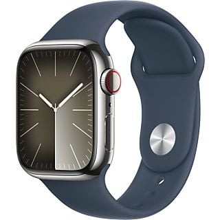 APPLE Watch Series 9 (GPS + Cellular, Inox) 41 mm - Smartwatch (S/M 130-180 mm, Fluoroélastomère, Argent/Bleu tempête)