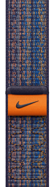 Apple Watch-Armband mit Nike-Logo. Blaues, oranges und graues Muster vor weißem Hintergrund.