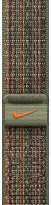 Nike Apple Watch-Armband mit grün-orangem Muster. Das Nike-Logo ist auf dem Band sichtbar.