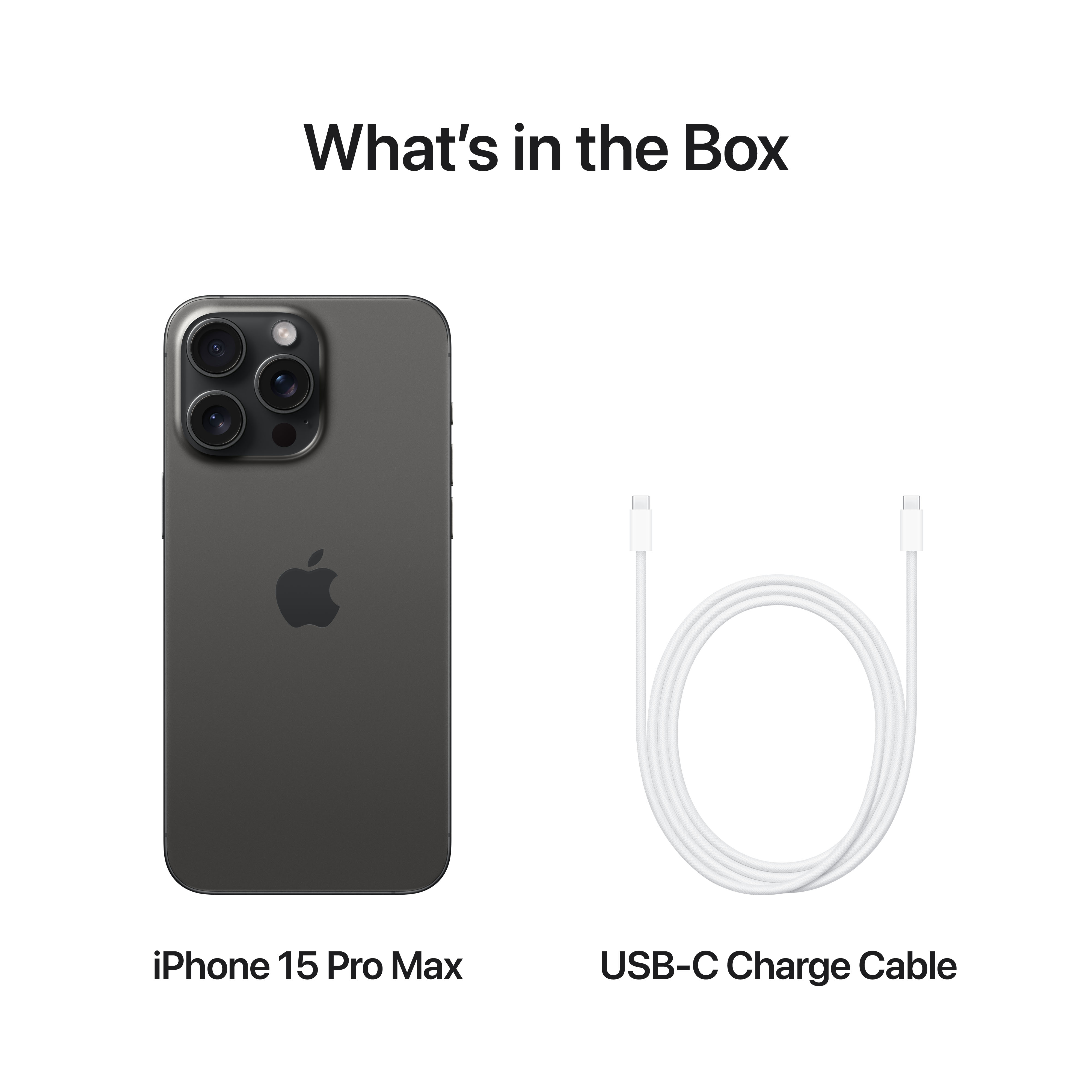 Das iPhone 15 Pro Max und ein USB-C-Ladekabel, präsentiert in der Box.