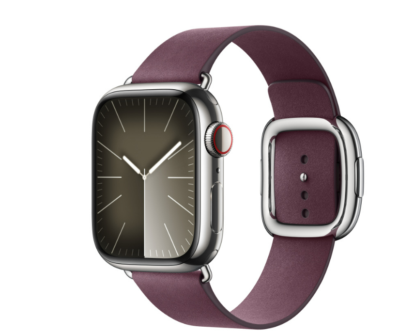 Smartwatch mit silbernem Gehäuse und bordeauxfarbenem Lederarmband. Zifferblatt dunkel.