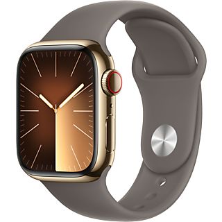 APPLE Watch Series 9 (GPS + cellulare, acciaio inossidabile) 41 mm - Smartwatch (M/L 150-200 mm, fluoroelastomero, oro/marrone argilla)