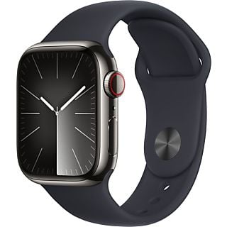 APPLE Watch Series 9 (GPS + Cellular, Inox) 41 mm - Smartwatch (S/M 130-180 mm, Fluoroélastomère, Graphite/Minuit)