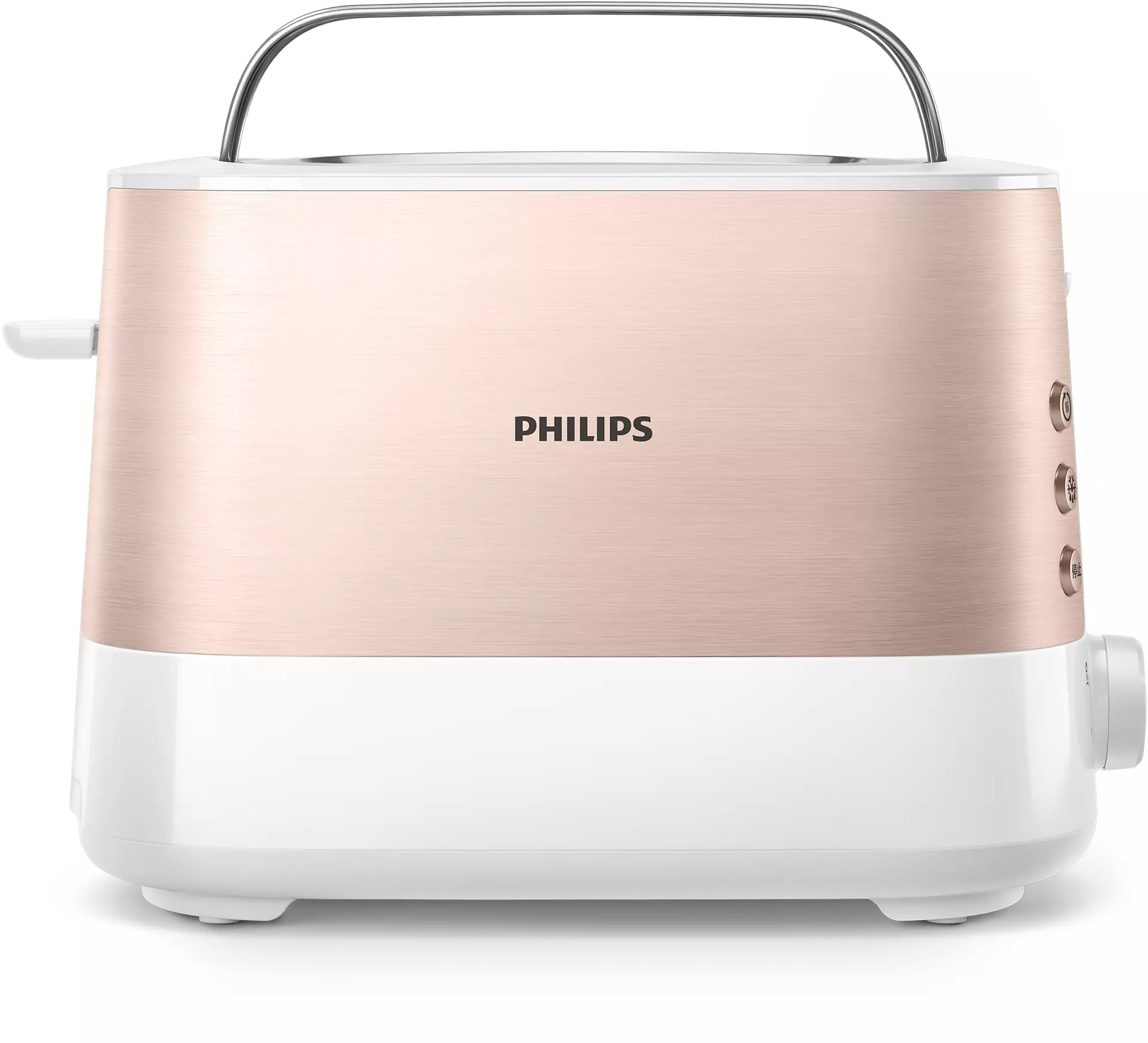 Egy rózsaarany és fehér Philips kenyérpirító fogantyúval és gombokkal. A márkanév látható.