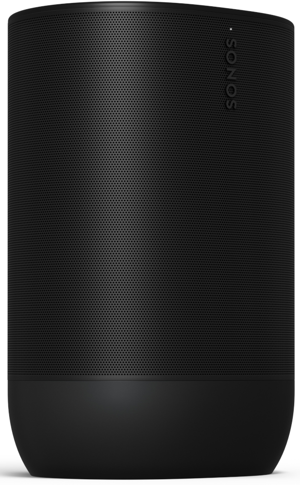 Black Sonos speaker with a cylindrical shape. The top has the Sonos logo. The bottom is a darker shade.